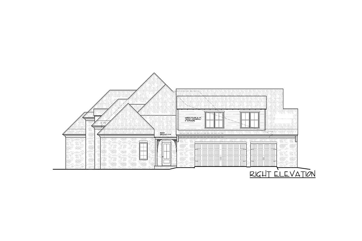 Right elevation house plan showing a two-story brick facade with a gabled roof, front entry porch, and a three-car garage.