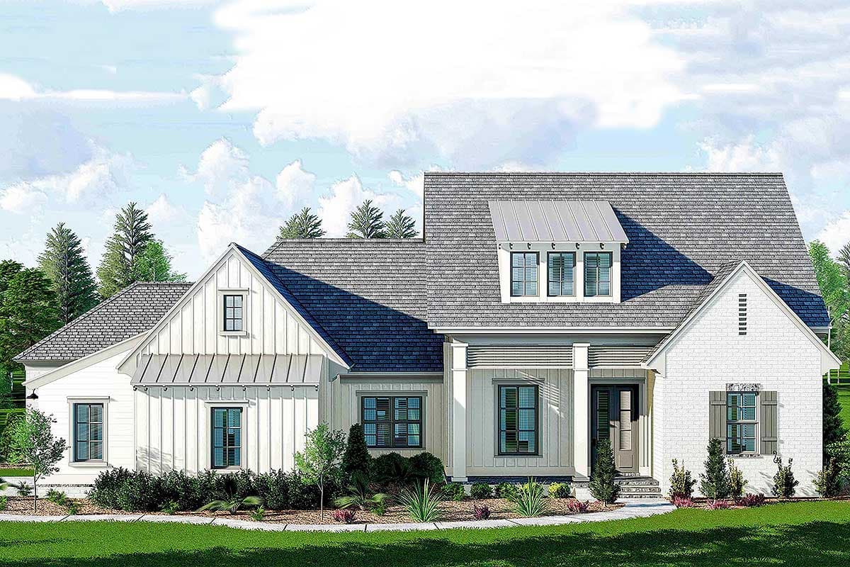 House plan exterior. Modern farmhouse style with one story, gabled rooflines, a front porch, and dormers. Features vertical siding and a brick facade.