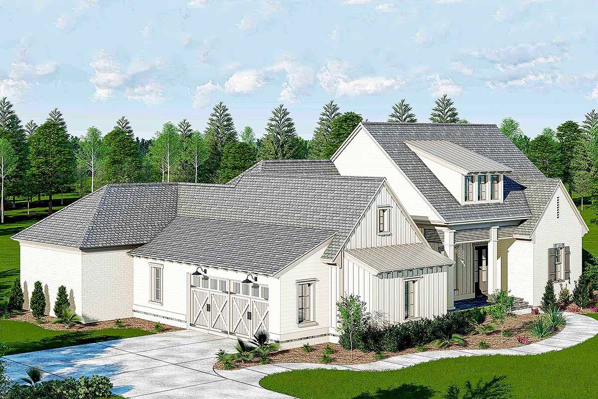 Modern Farmhouse house plan exterior with side-entry garage, board-and-batten siding, multiple gables, and dormers.