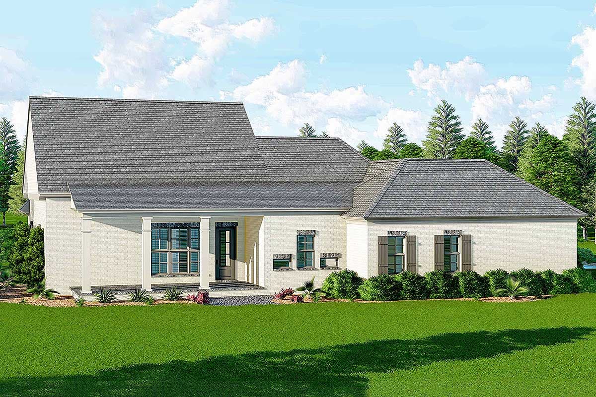 House plan exterior of a one-story brick home with a covered front porch, multi-level rooflines, and shutters.