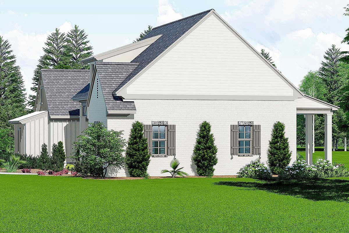 House plan exterior: Modern Farmhouse style, white brick and vertical siding, multi-level rooflines, gables, and covered porch.