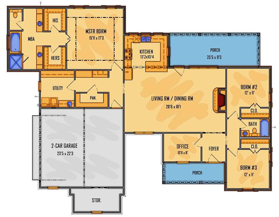 Plan 510043WDY: Single-Story French Country Farmhouse Plan with Private Office - Floor Plan - Main Level - Acadian, Coastal, Farmhouse, French Country, Louisiana-Style, New American