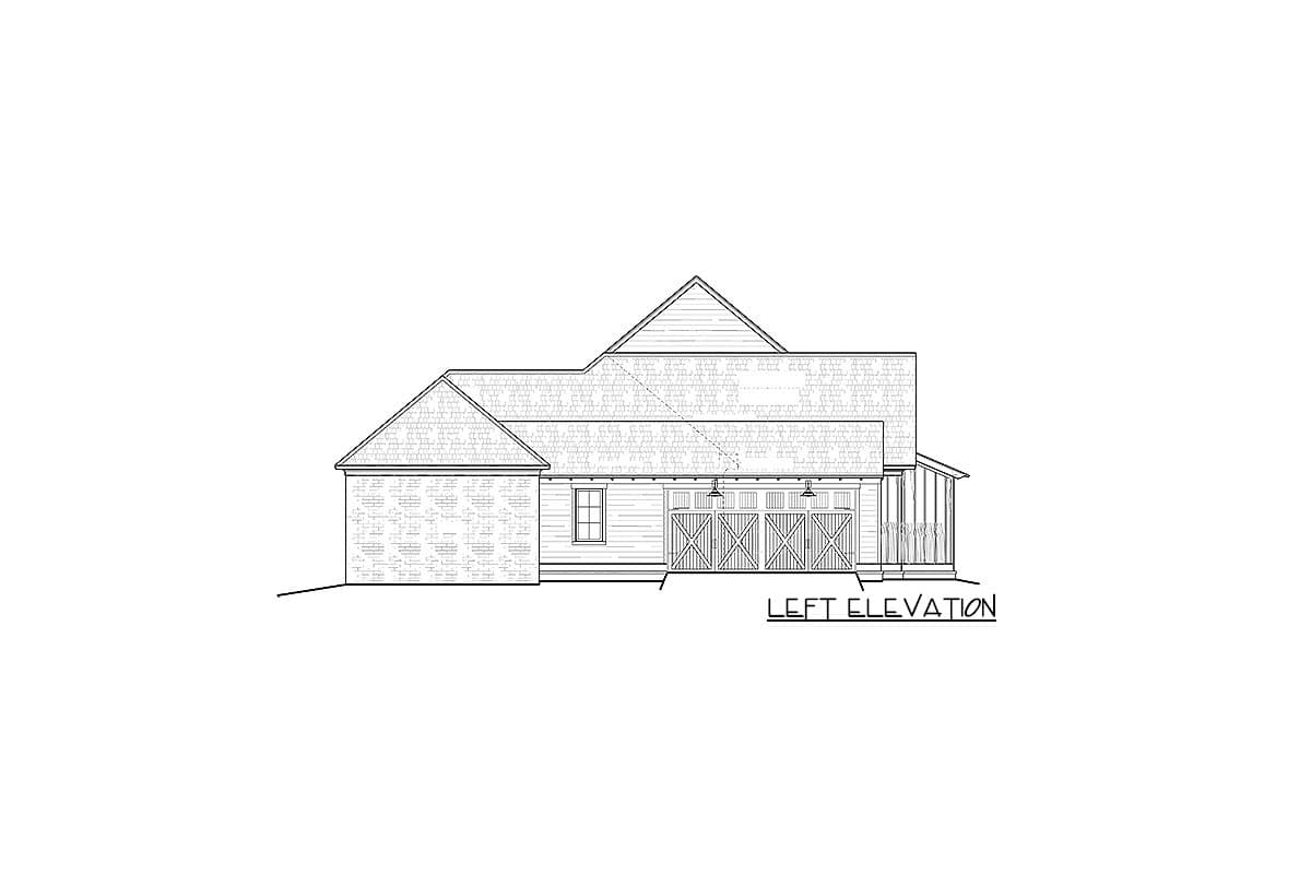 Left elevation drawing of a house plan featuring a brick section, gabled rooflines, a porch, and a four-car garage with X-panel doors.