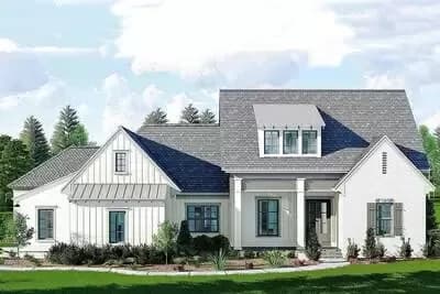 Single-Story French Country Farmhouse Plan with Private Office