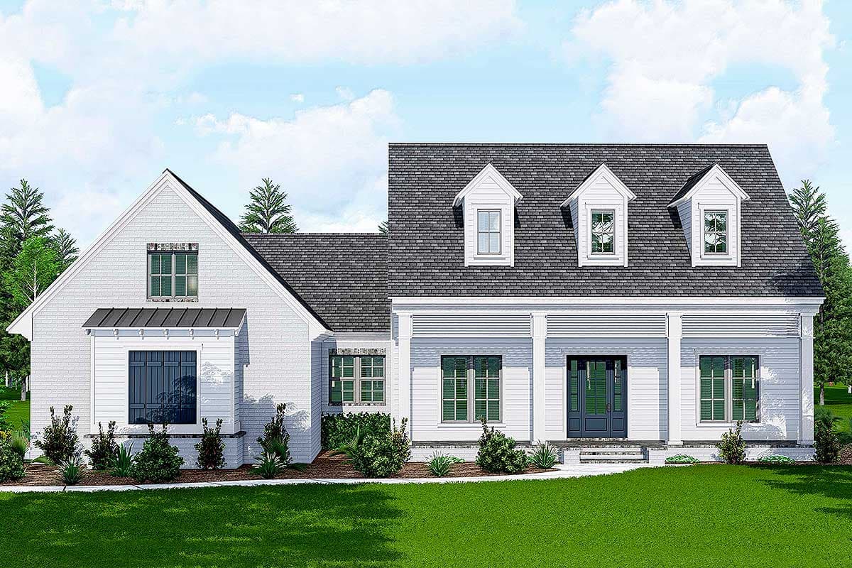 House plan exterior with two stories, dormers, a front porch with columns, and a gabled roof. The facade is white brick with dark trim.