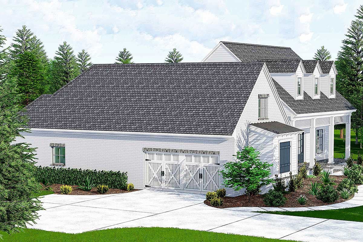 House plan exterior: White brick two-story with side-entry garage, front porch, and three dormers.