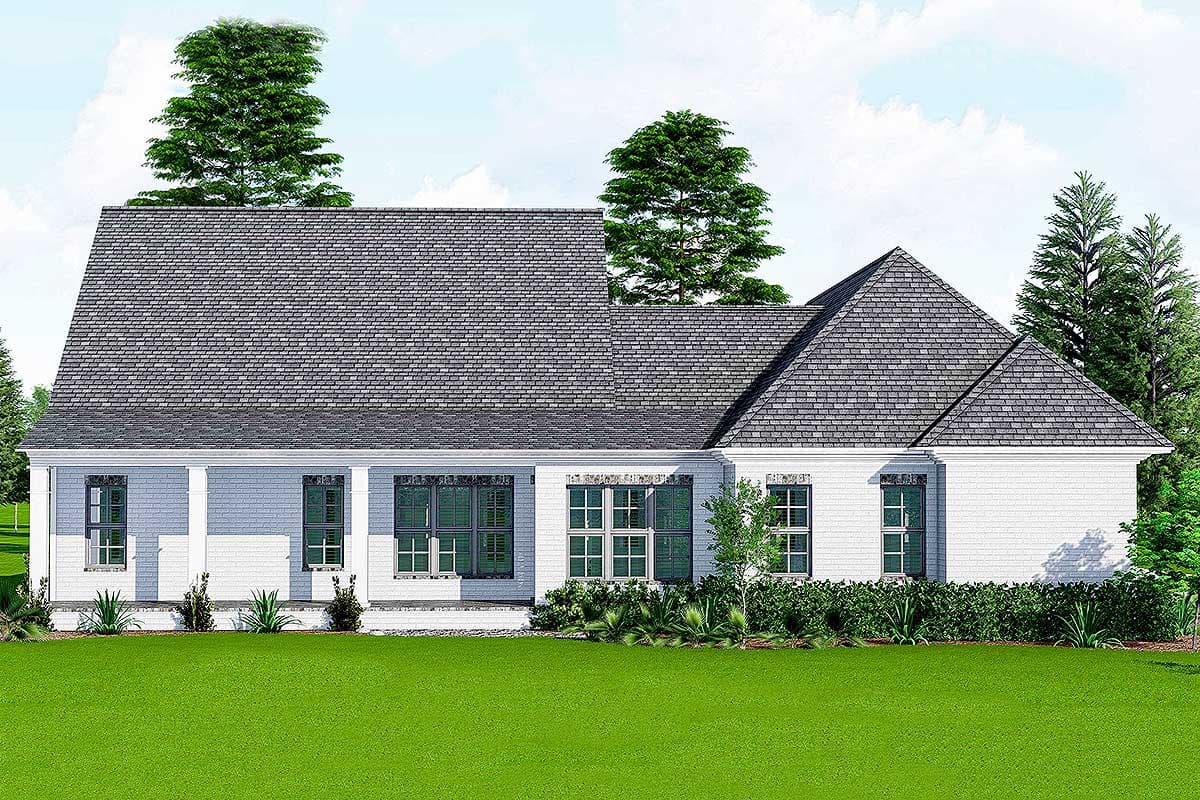 House plan exterior: One-story Modern Farmhouse with a covered front porch, gable rooflines, and multiple windows.
