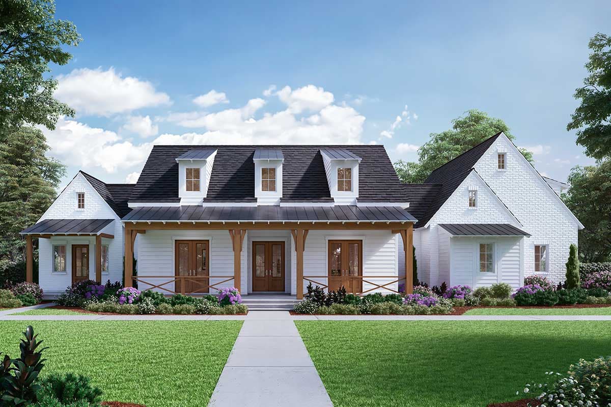 Modern Farmhouse house plan exterior with covered porch, double doors, dormers, and gabled sections.