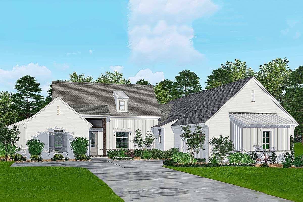 House plan exterior featuring a farmhouse style with gabled roof, dormers, and covered porch entry. Includes a driveway and landscaping.