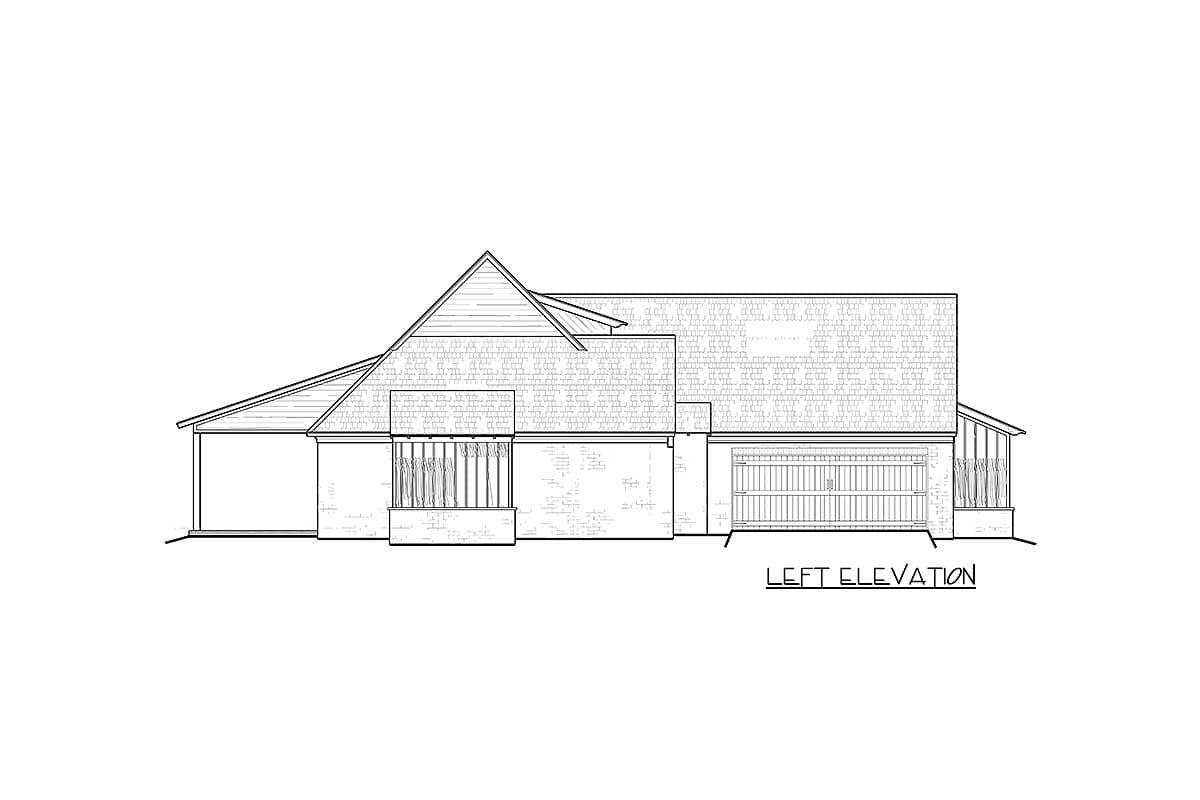 Left elevation of a house plan showing a covered porch, multi-level rooflines, a garage, and a screened porch.