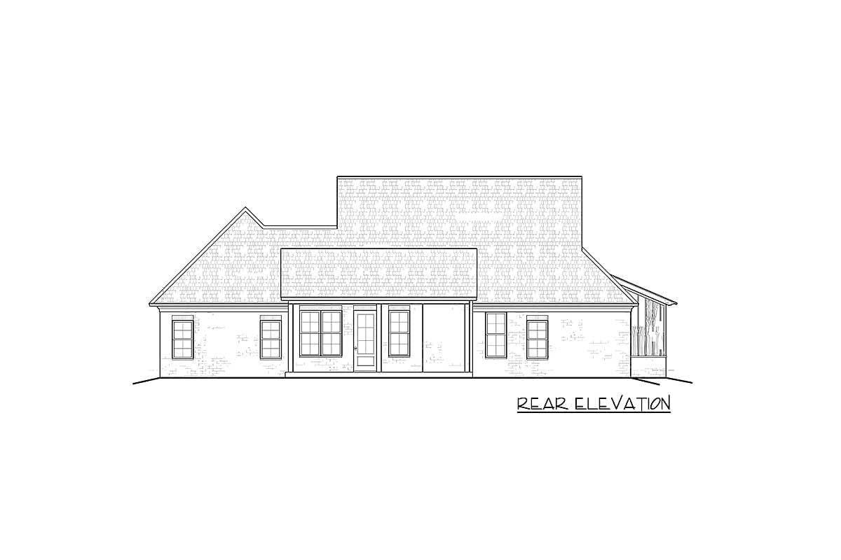 Rear elevation drawing of a one-story house plan with a covered porch, multiple windows, and a complex roofline.