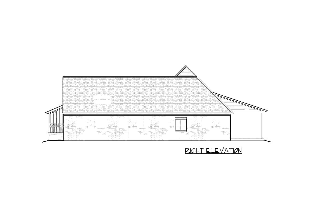 Right elevation drawing of a one-story house plan with a gable roof, dormer, and attached garage.