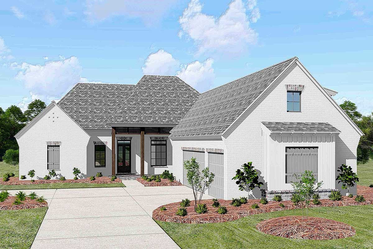 House plan exterior. One-story Modern Farmhouse style with a gable roof, covered porch with exposed beams, and attached garage with a gable roof.