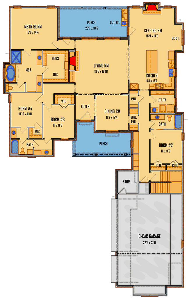 Plan 510047WDY: Spacious 4-Bedroom French Country House Plan with Room to Grow - Floor Plan - Main Level - Acadian, French Country, Louisiana-Style, Southern, Traditional