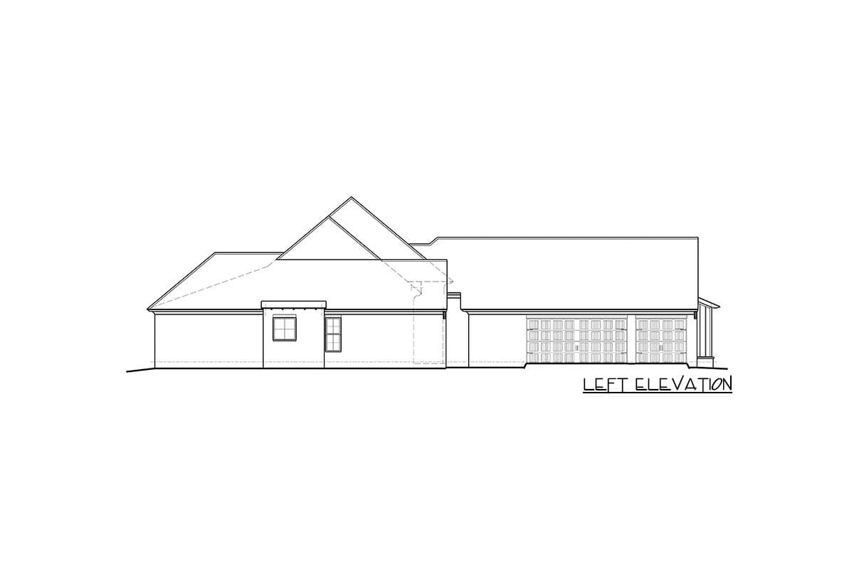 Left elevation drawing of a one-story house plan featuring a prominent gable roof, two windows, and a three-car garage.