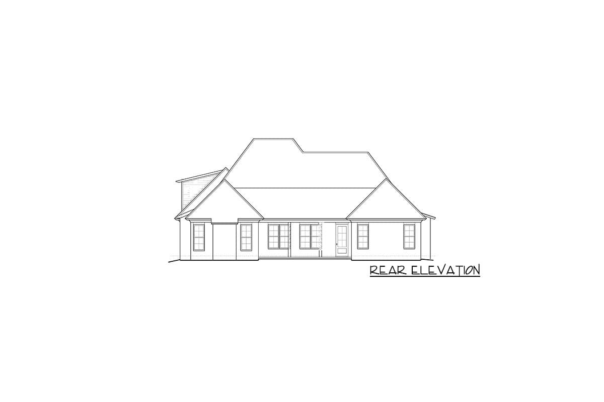 Rear elevation drawing of a house plan featuring a hipped roof, multiple gables, and a central covered patio with a door.