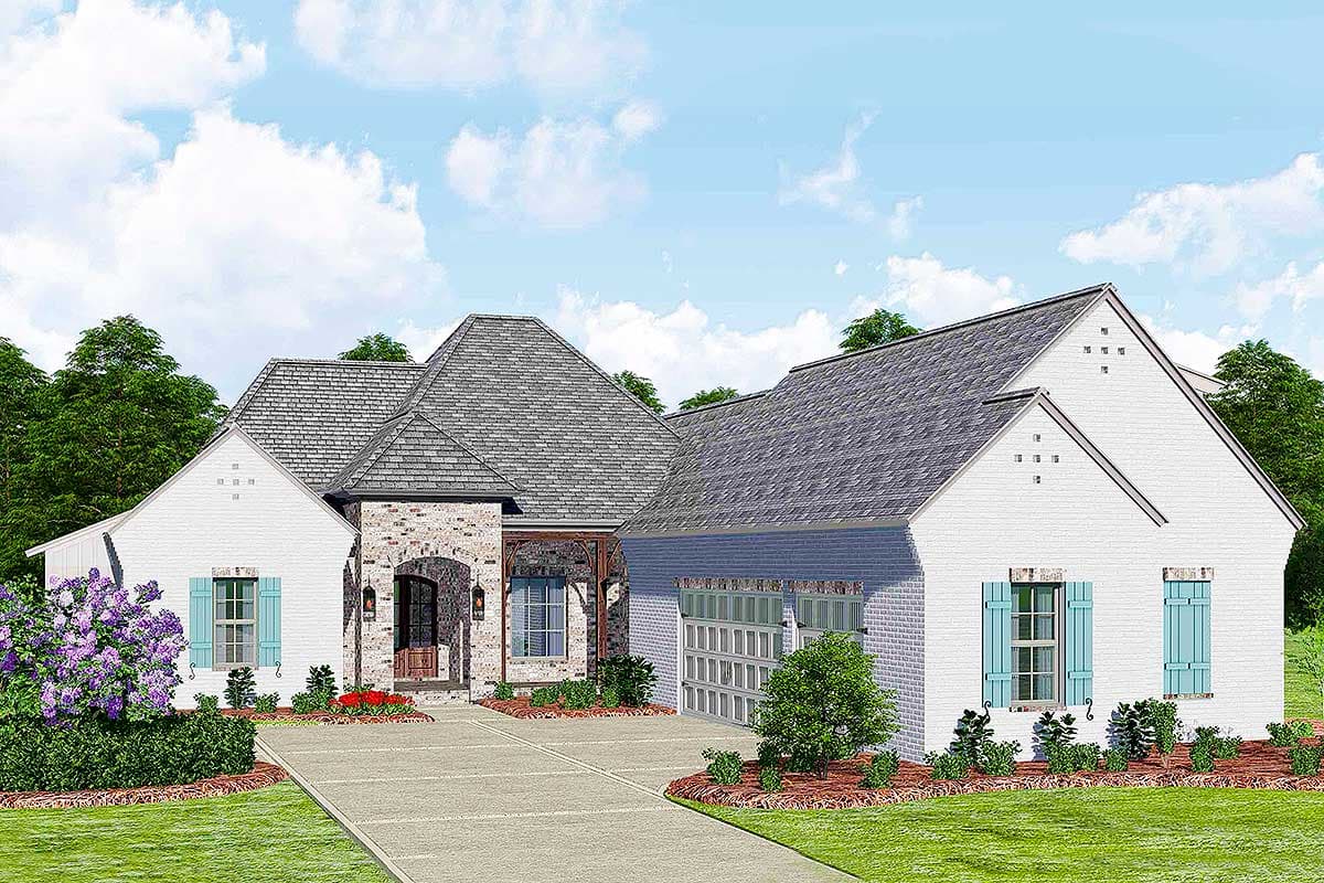 House plan exterior with brick and white siding, gabled roof, arched entry, and attached garage. Includes shutters and a covered porch.