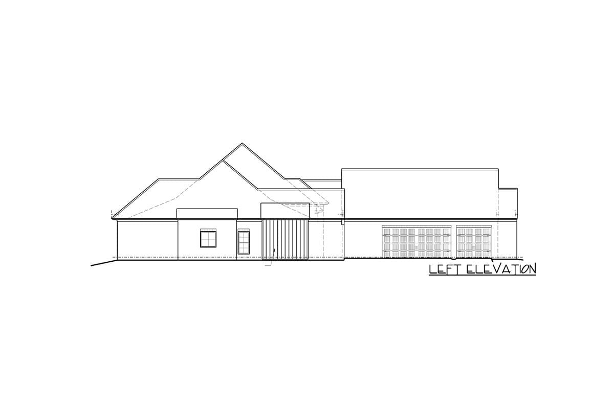 Left elevation drawing of a single-story house plan with varied rooflines, a covered entryway, and a three-car garage.