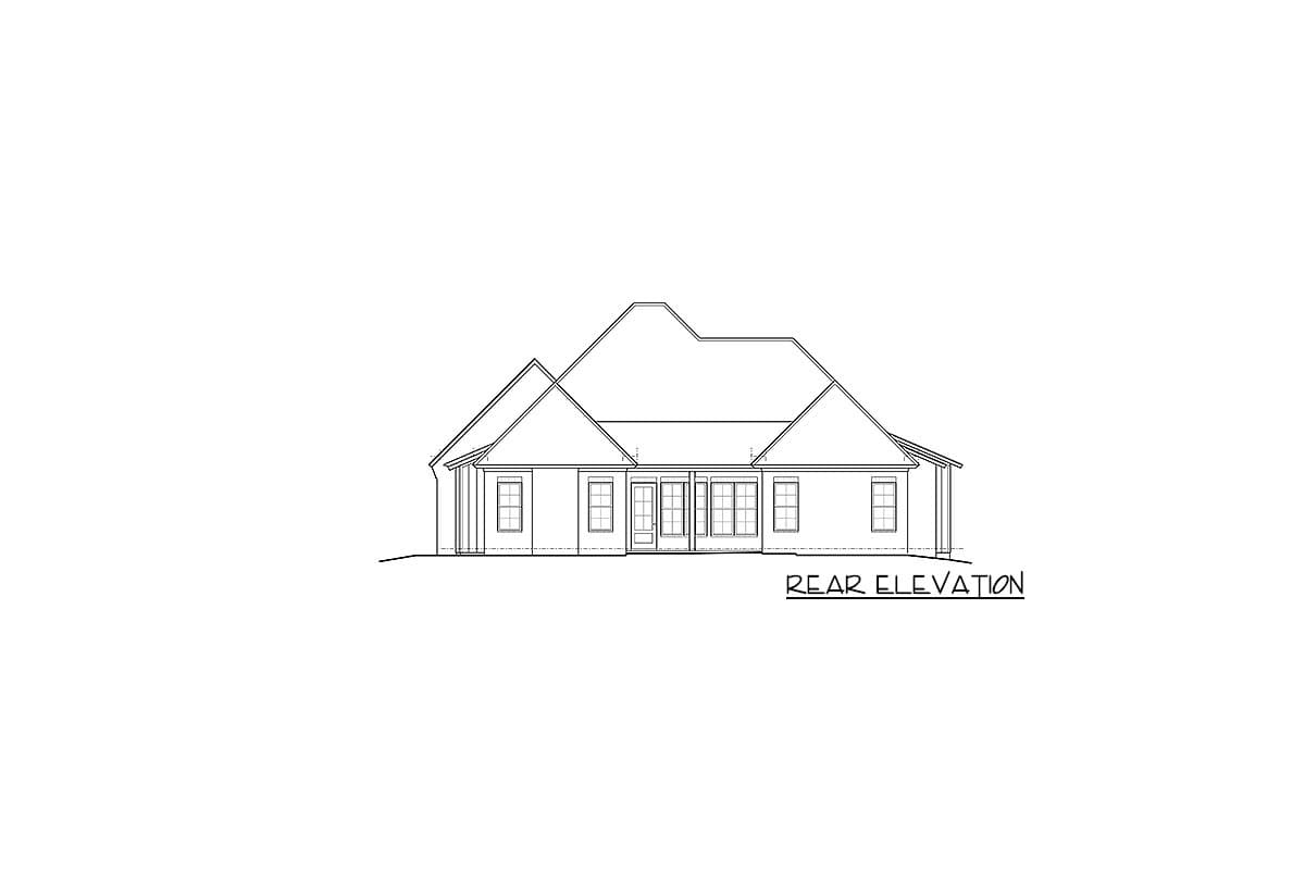 Rear elevation drawing of a single-story house plan with multiple gables and a central double door entry with flanking windows.