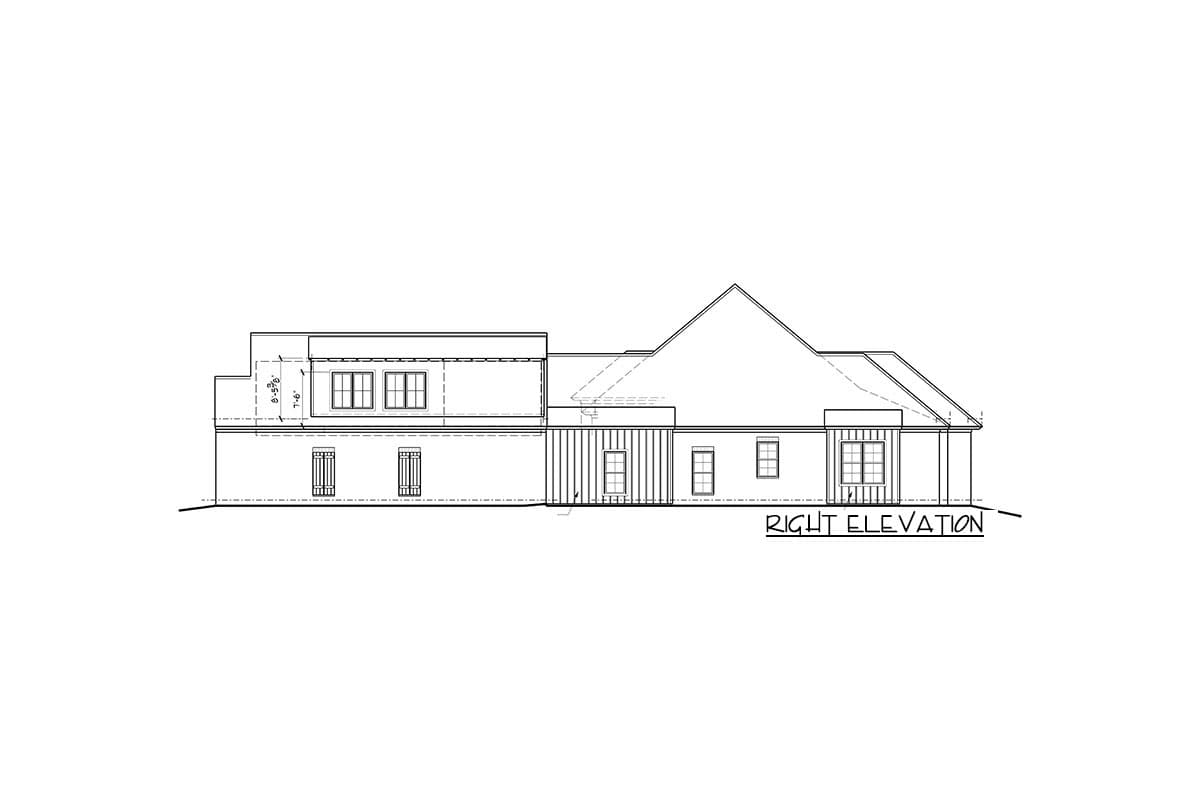 Architectural house plan, right elevation drawing showing a two-story main structure with a gabled roof and multiple windows.