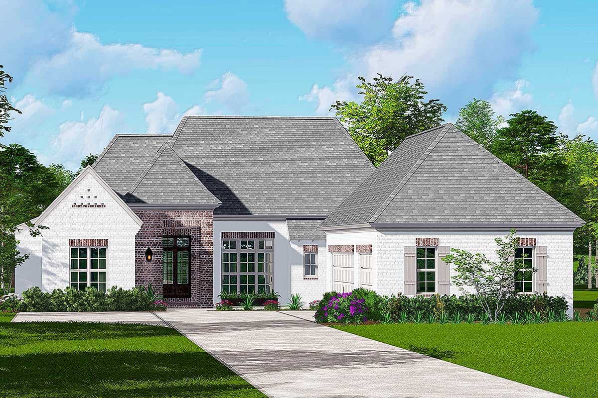 House plan exterior with brick accents, multi-gabled roof, and multiple window styles. Features a large driveway and landscaped yard.