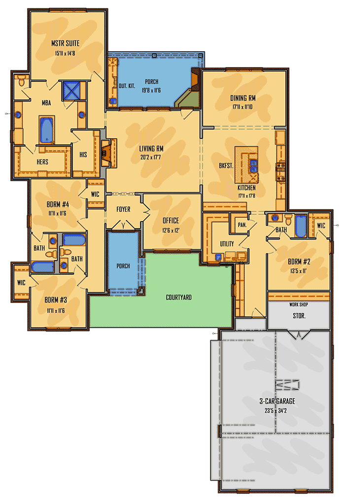 Plan 510049WDY: 4-Bedroom Single-Story European House Plan  - Floor Plan - Main Level - Acadian, European, French Country, Louisiana-Style