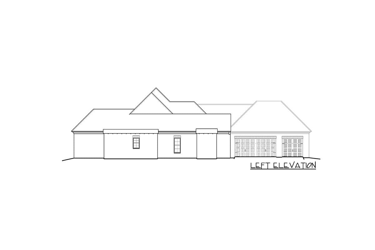 Left elevation house plan with two gables, dormer, two windows, and a three-car garage.