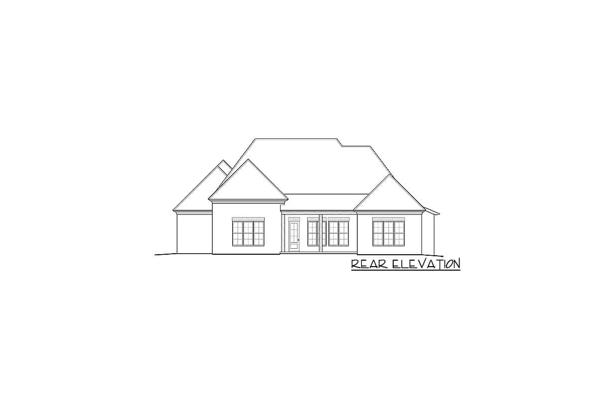 Rear elevation drawing of a single-story house plan with prominent gables, covered patio, and multiple windows.
