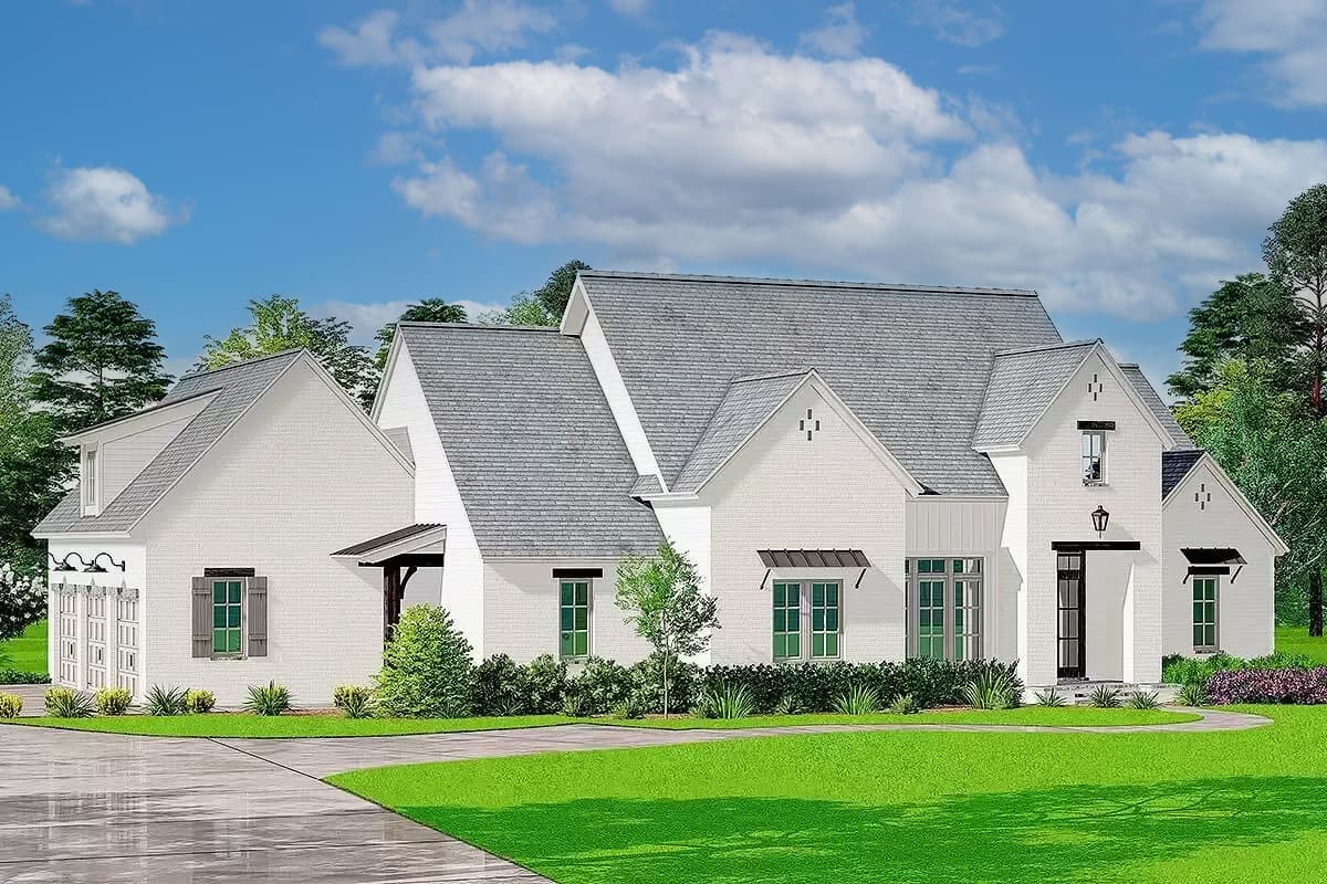 House plan exterior. Two-story, white brick, Modern Farmhouse. Features include gabled rooflines, dormers, and covered porch entry.