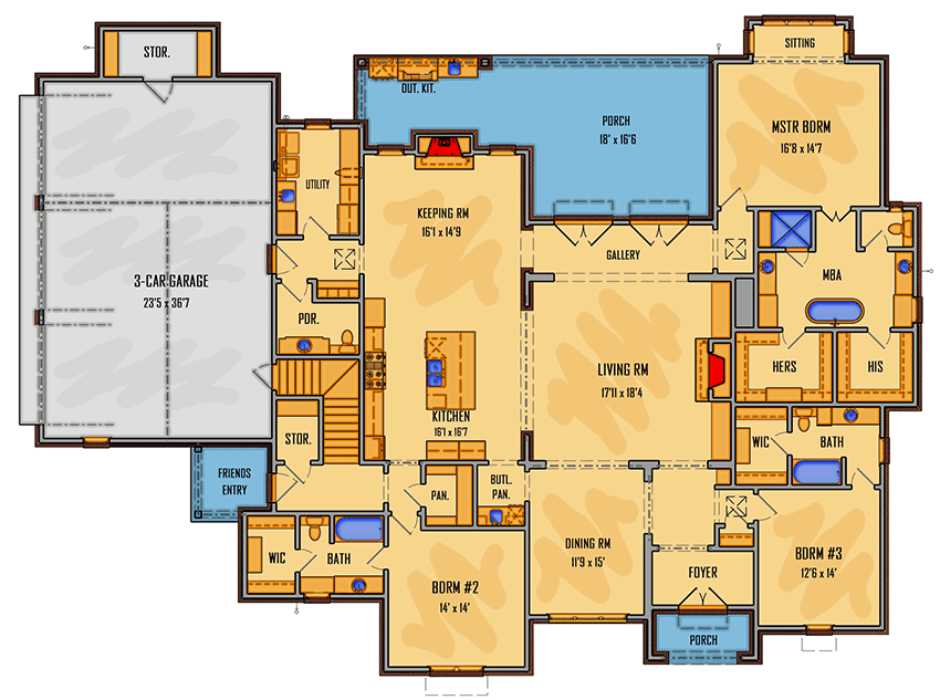 Plan 510051WDY: Beautiful 4-Bedroom Transitional Acadian House Plan with Keeping Room - Floor Plan - Main Level - Acadian, European, French Country, Louisiana-Style, New American, Southern, Transitional