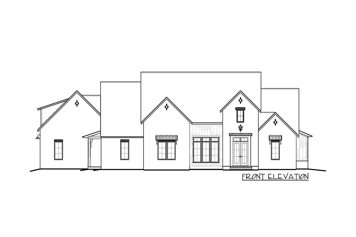 Front elevation drawing of a multi-story house plan with gables, dormers, and a covered entrance.