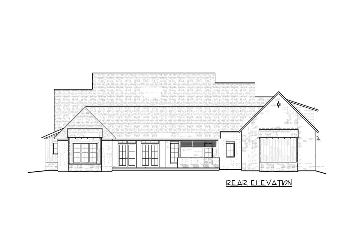 Rear elevation drawing of a house plan showing French doors, multiple windows, a covered porch, and a garage.