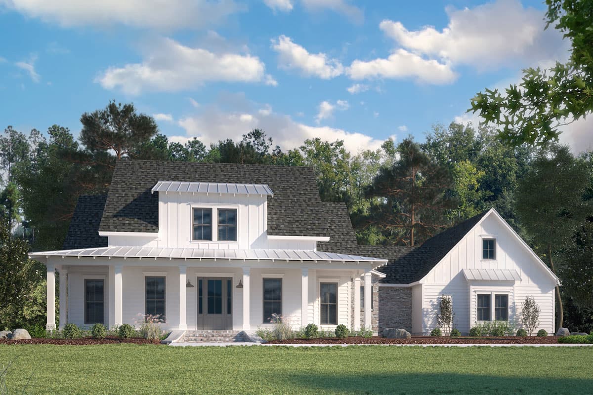 House plan exterior rendering. Modern Farmhouse style with a gabled roof, a covered front porch, and dormers.