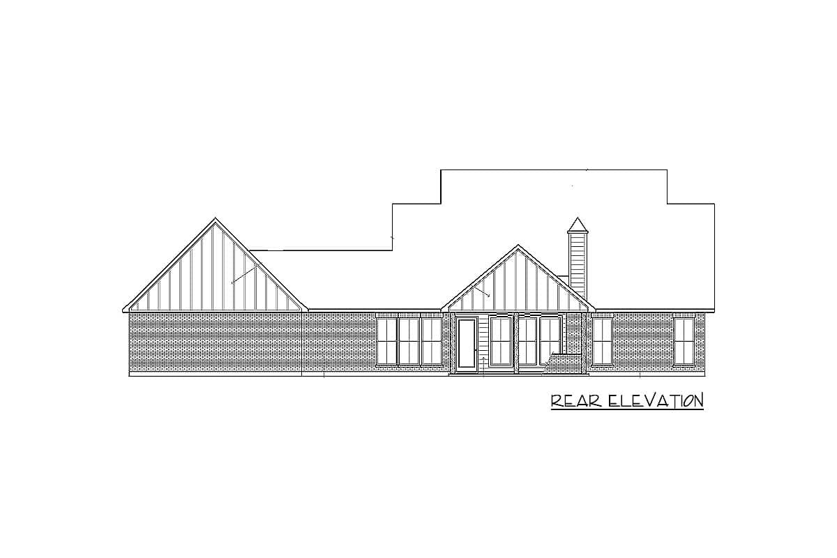 Rear elevation house plan shows brick exterior, gabled rooflines, multiple windows, and French doors.