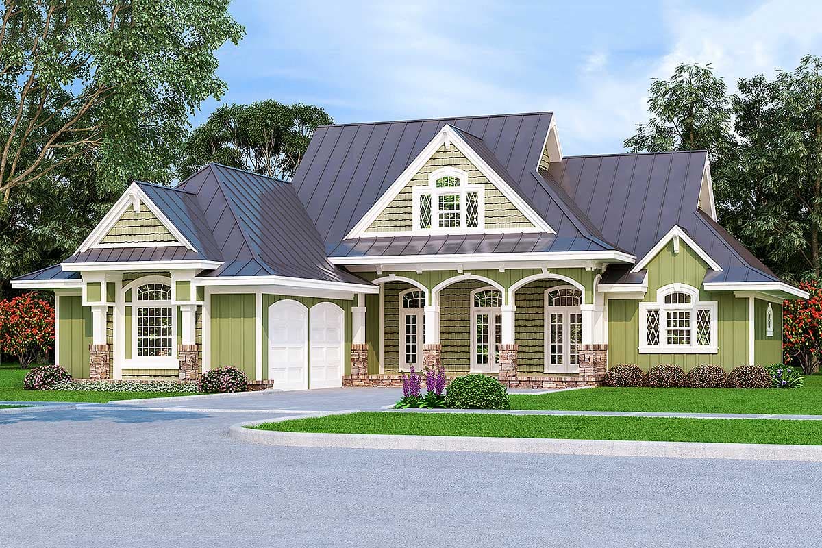 House plan exterior. Craftsman style, one story, with gables, arched entry porch, dormers, and an attached garage.