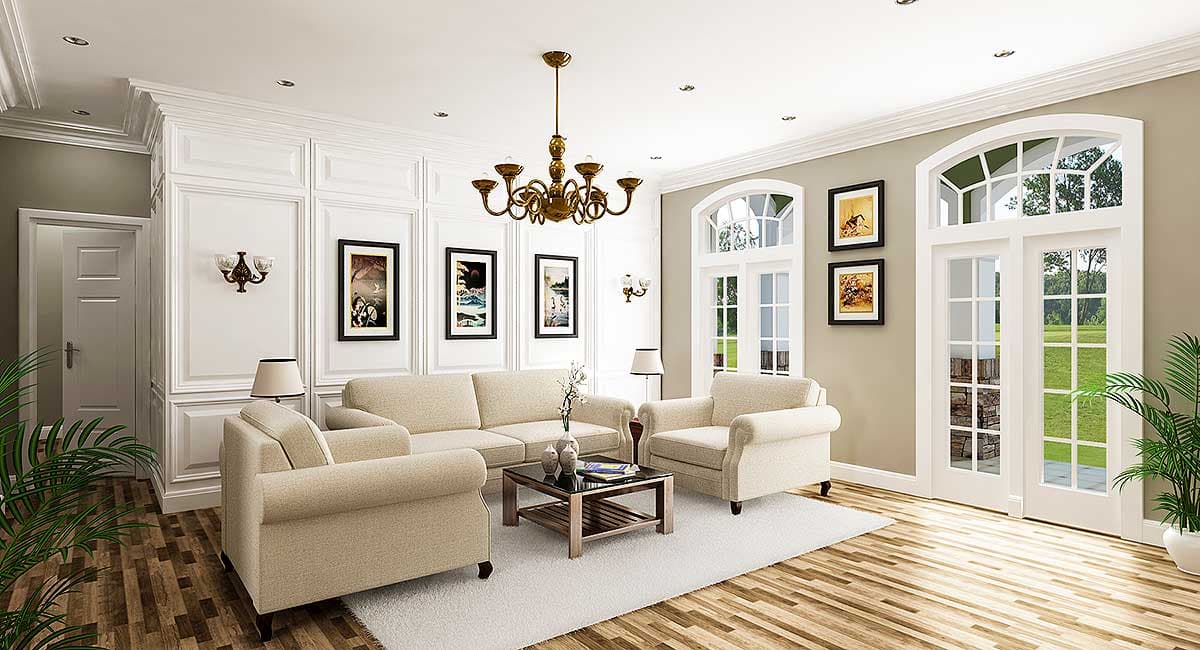 Living room with coffered ceiling, wainscoting, arched windows, double doors, and upholstered furniture.