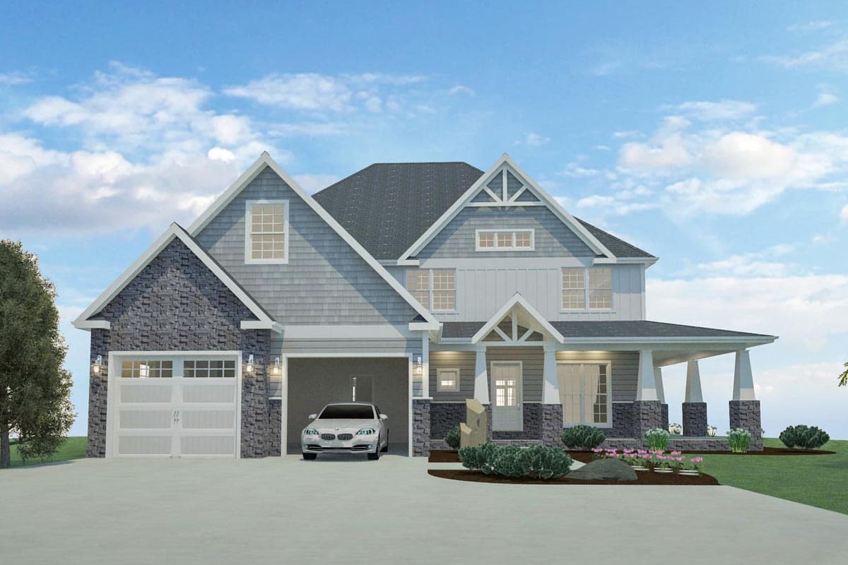 House plan exterior: Modern Farmhouse style, two stories, with stone accents, gabled dormers, wide covered porch, and attached two-car garage.