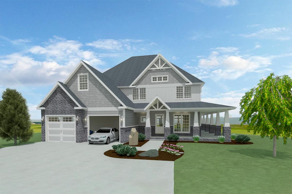 House plan exterior: two-story home with stone and shingle siding, gabled dormers, and a wrap-around porch.