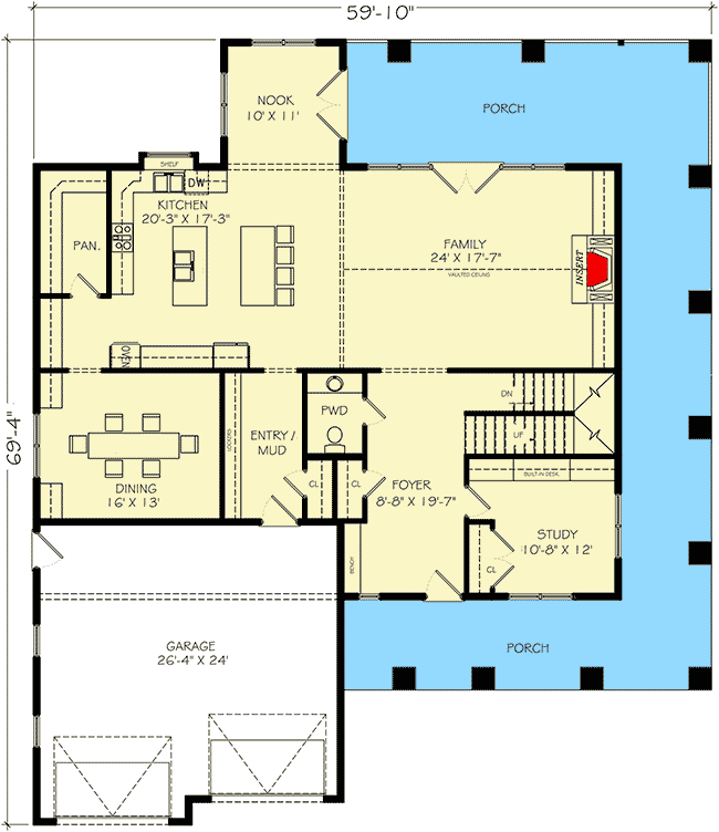 Plan 77641FB: 4 or 5 Bedroom Home Plan with Wraparound Porch and Walkout Basement - Floor Plan - Main Level - Country, Craftsman, Farmhouse, Modern Farmhouse, New American, Traditional