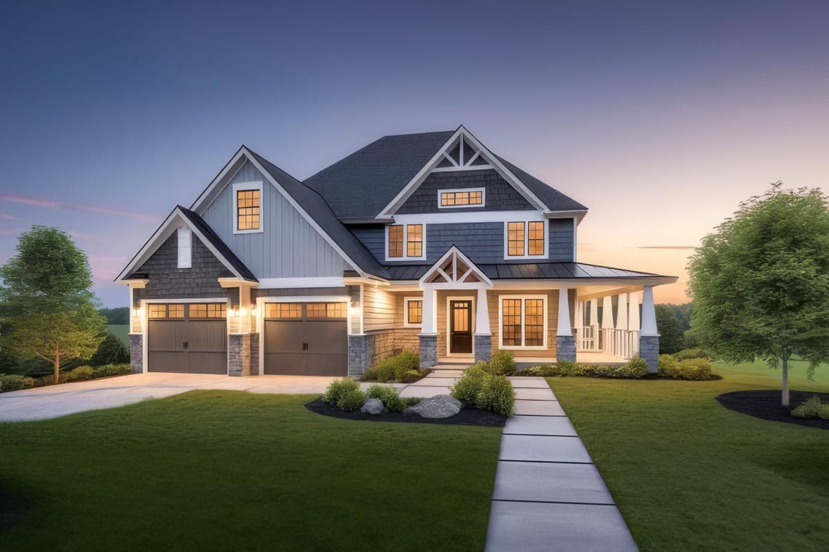 House plan exterior with two stories, Craftsman style, front-facing gables, covered porch, and a two-car garage.