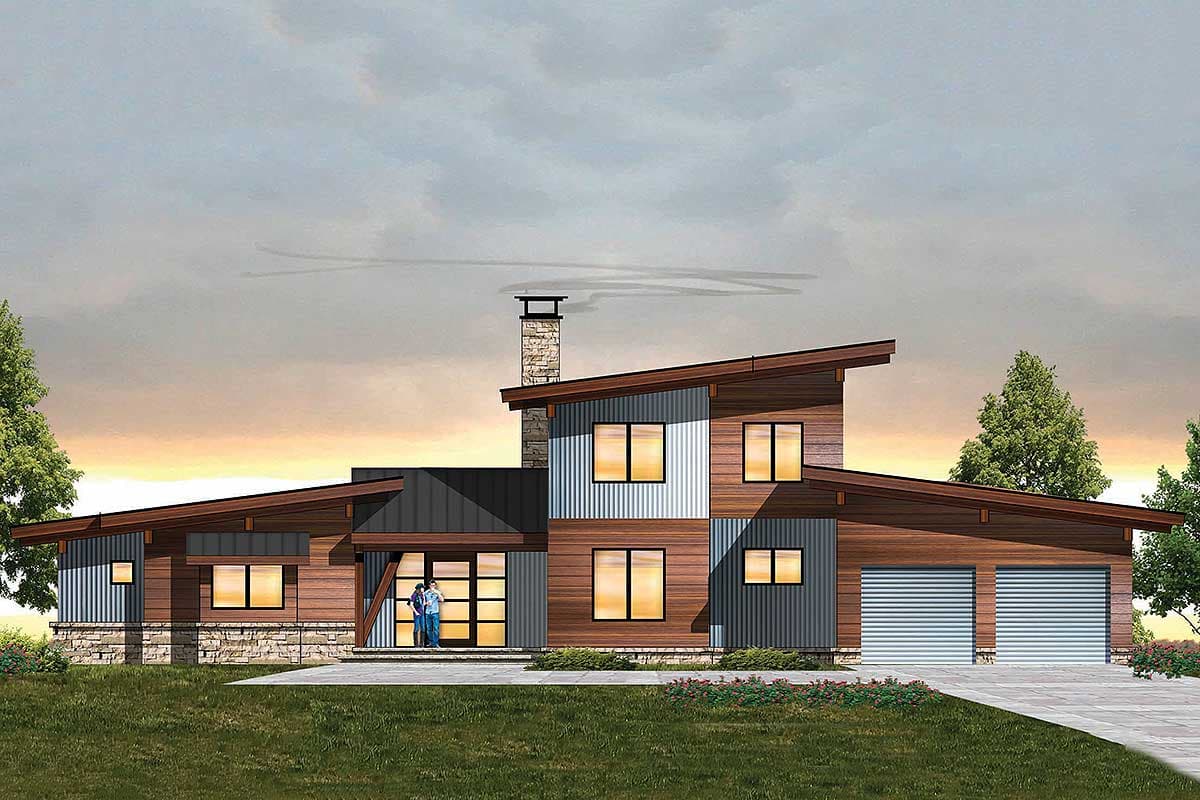 House plan exterior. Two-story modern design with mixed siding, flat roof, stone chimney, and two-car garage.