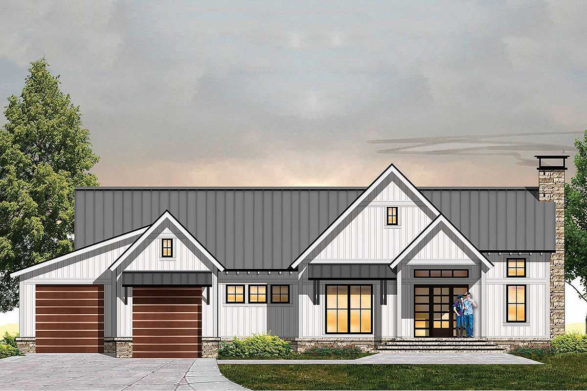 House plan exterior. Modern farmhouse style with gabled rooflines, two-car garage, and covered entry. Features include stone chimney and dormers.
