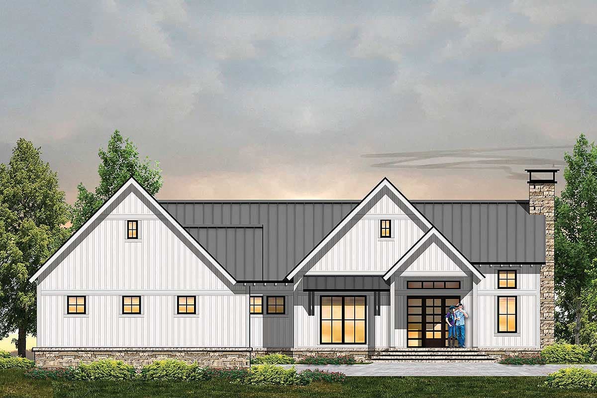 House plan exterior with board and batten siding, multiple gabled rooflines, a front entry with transom windows, and a stone chimney.