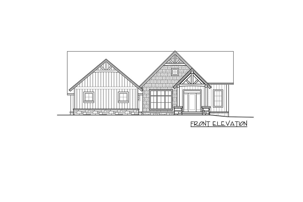 Front elevation drawing of a one-story house plan with gables, stone base, and covered entry.