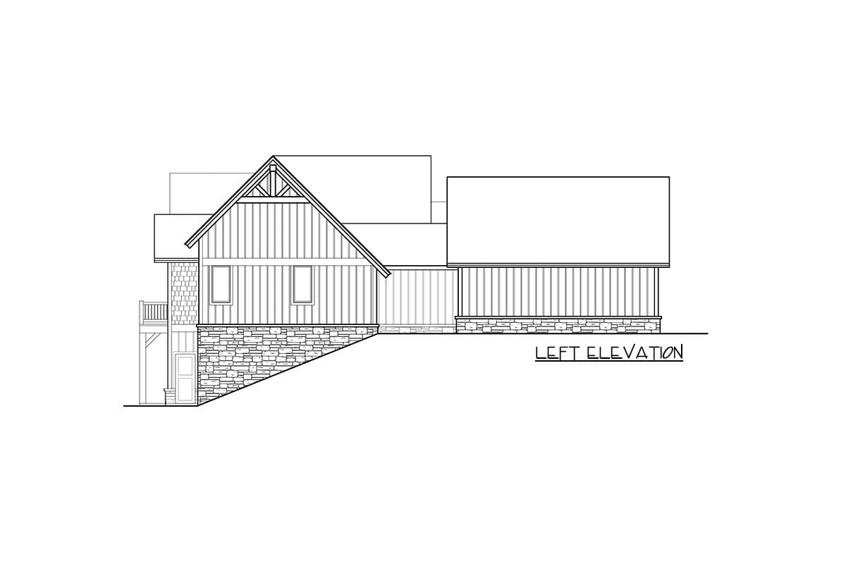 Left elevation house plan showing vertical siding, stone foundation, gable roof with exposed rafter tails, and a deck.