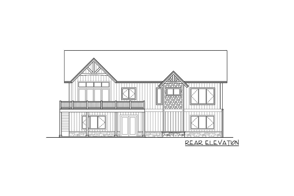 Rear elevation house plan with prominent gables, a wraparound deck, and stone foundation details.