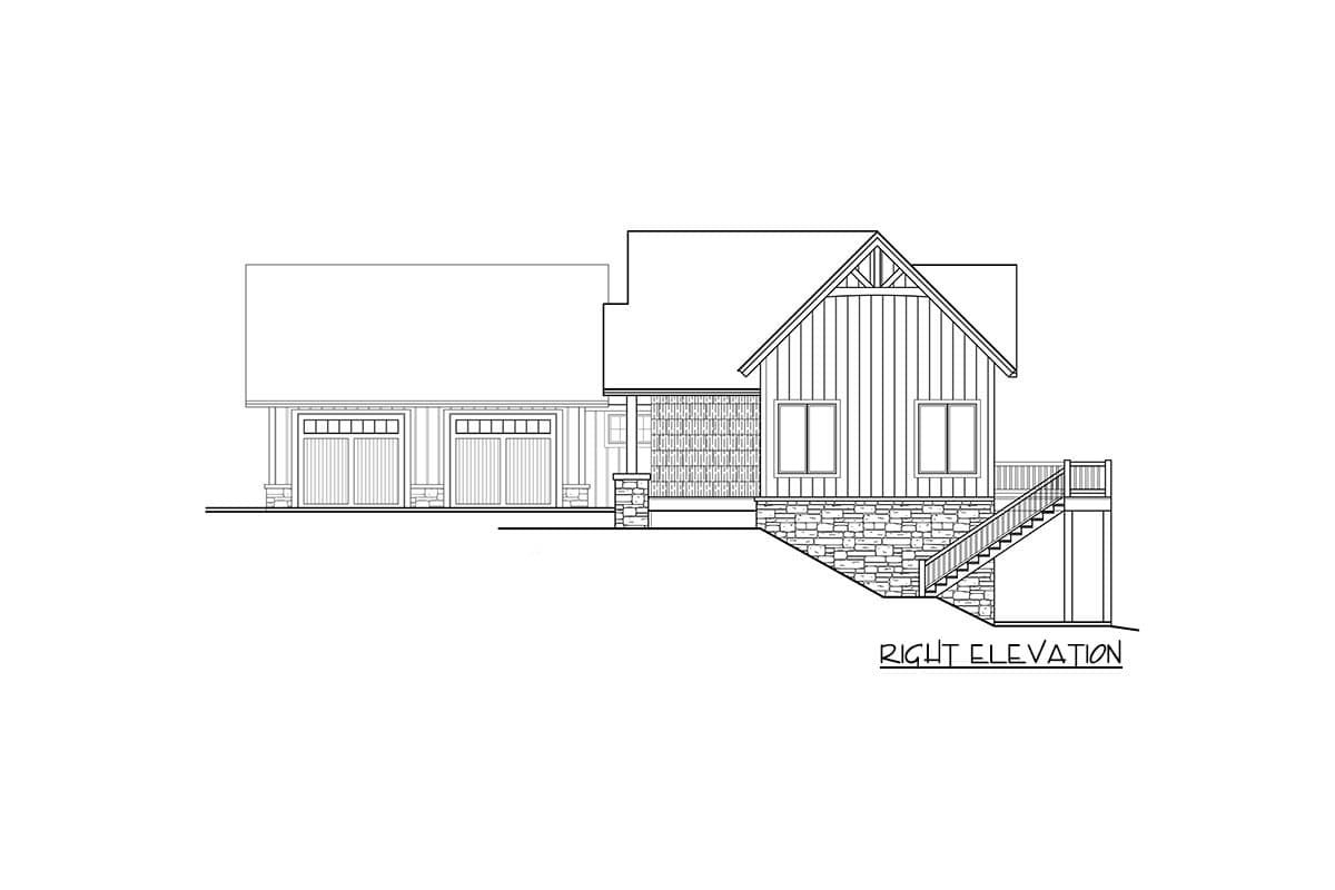 Right elevation floor plan showing a three-car garage, gabled roofline, and stone foundation with exterior stairs.