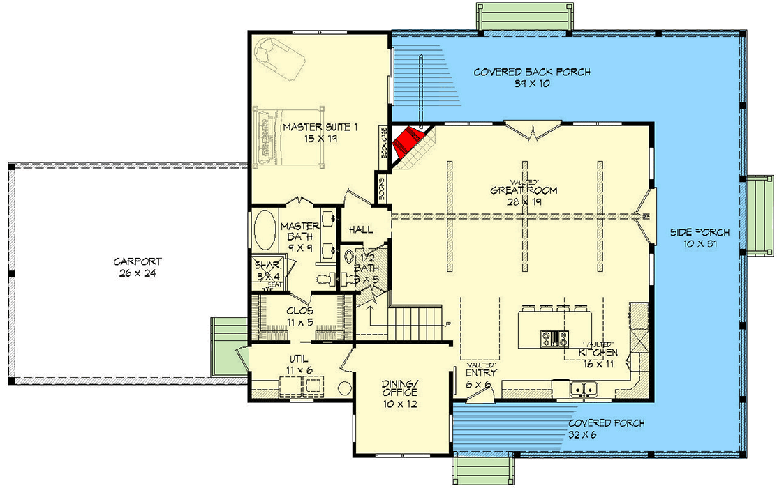 Plan 68540VR: Country Home Plan with Two Master Suites and a Carport - Floor Plan - Main Level - Country, Farmhouse, Rustic, Traditional
