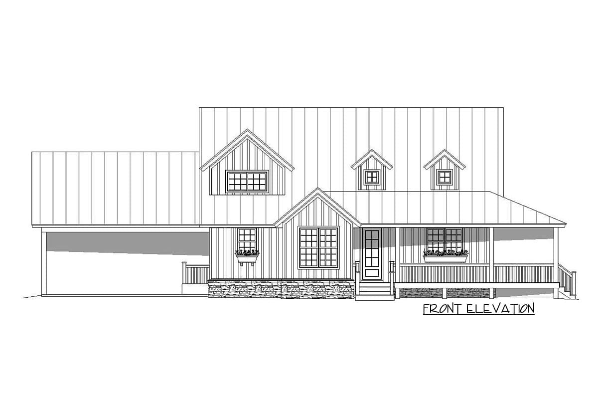 Front elevation drawing of a house plan featuring a wraparound porch, metal roof, dormers, and stone accents.