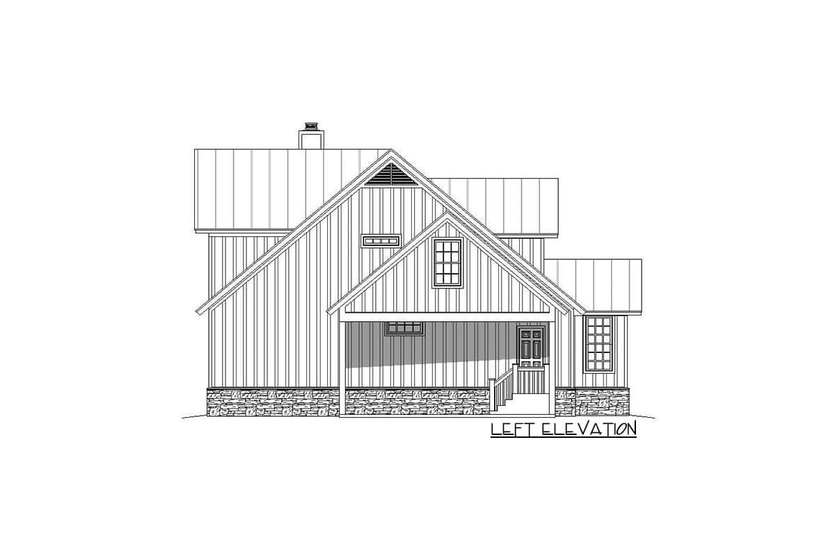 Left elevation drawing of a house with vertical siding, stone foundation, gable roof, porch, and a prominent dormer.